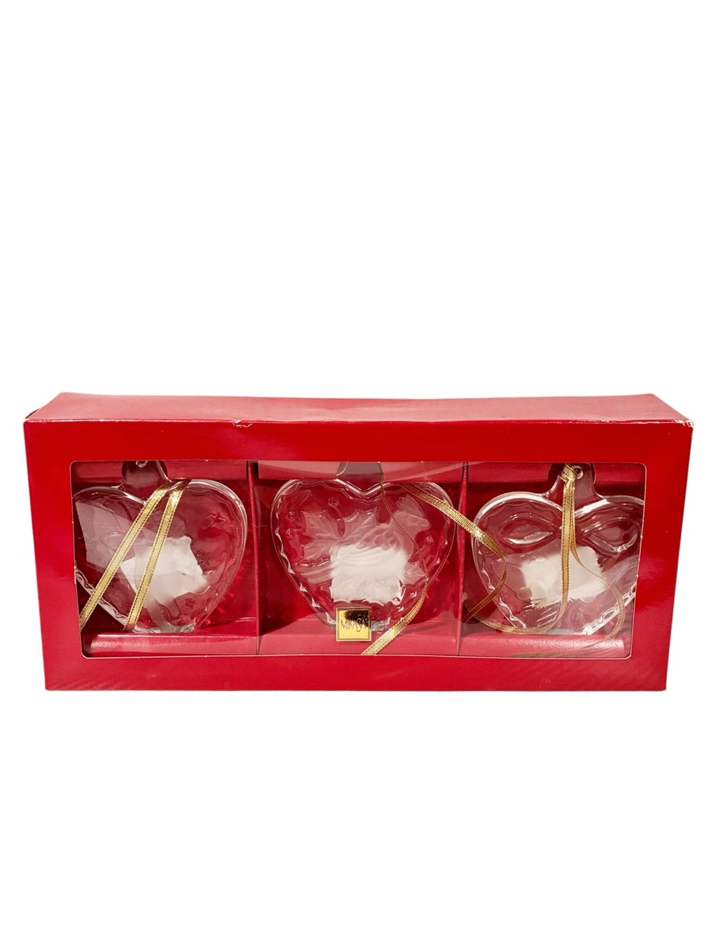 Mikasa Boxed Set of 3 Glass Heart Christmas Ornaments Cardinal Angel Bell NEW